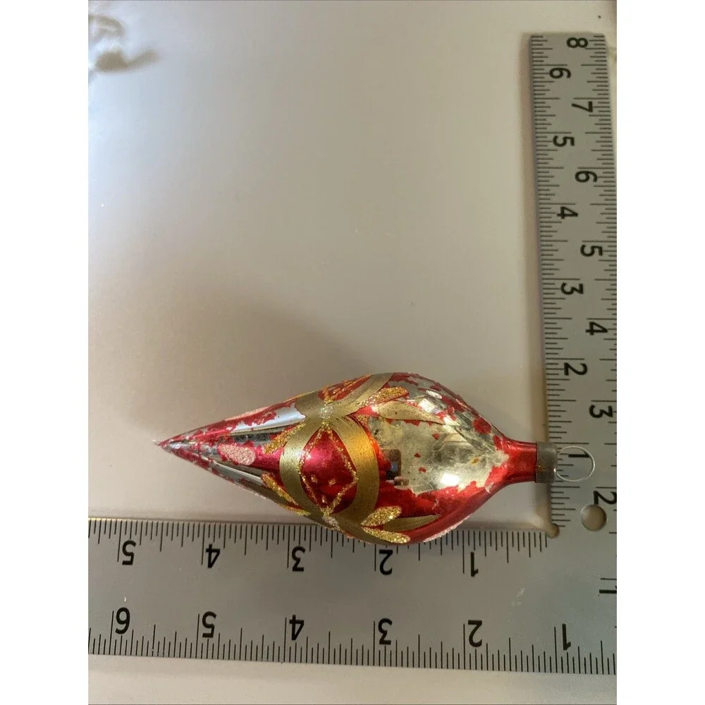 Vintage Christmas Red Gold Glass Teardrop Ornament Hand Painted Glitter Holiday